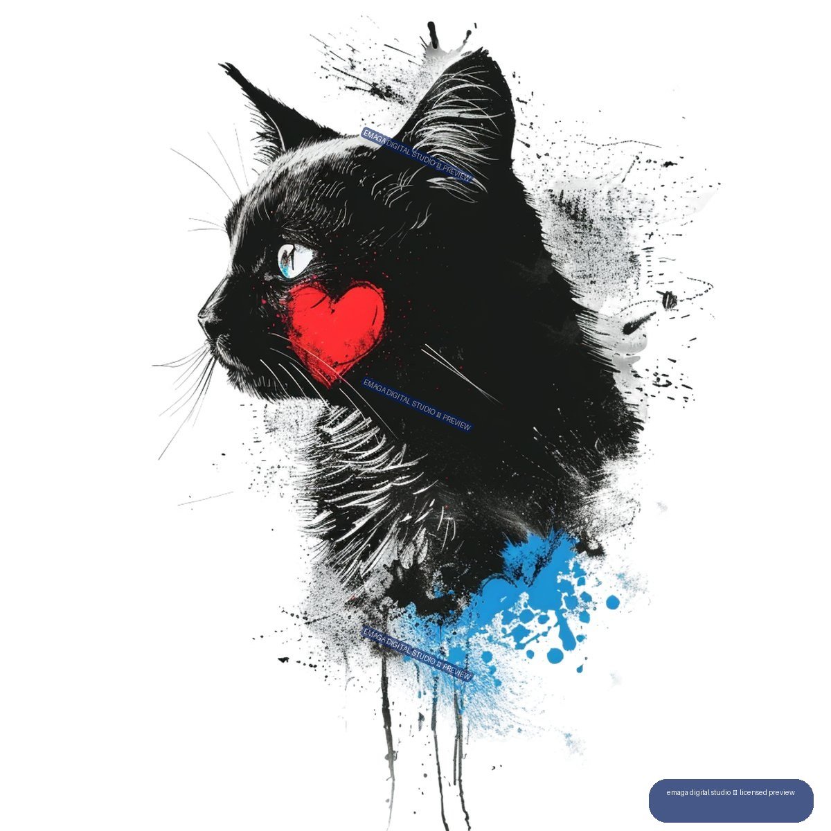 Black cat in profile with a blue eye, red heart on its cheek, and black and blue paint splashes.