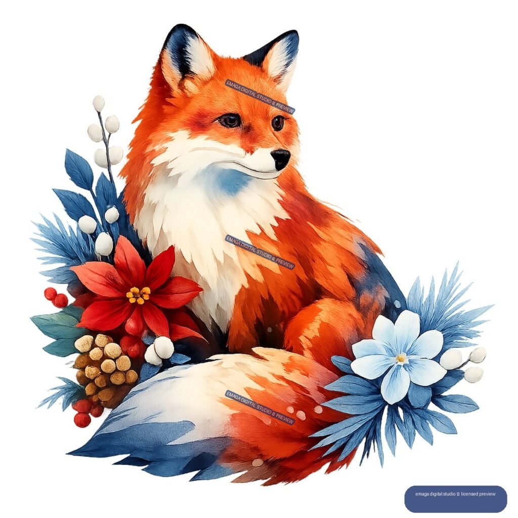 Watercolor-style red fox surrounded by red and pale blue flowers, blue foliage, evergreen sprigs, and winter berries.