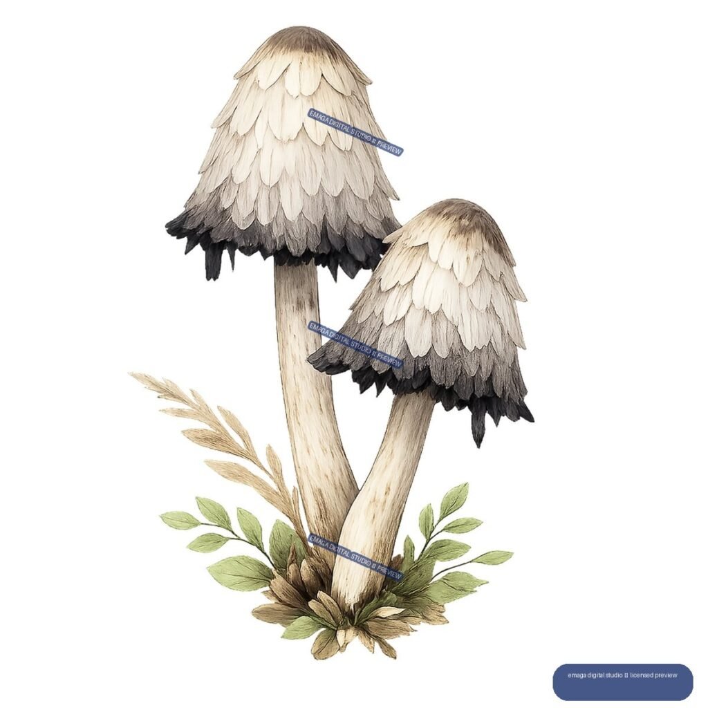 Two tall cream and charcoal layered mushrooms with pale stems emerge from green leaves and dried grasses.