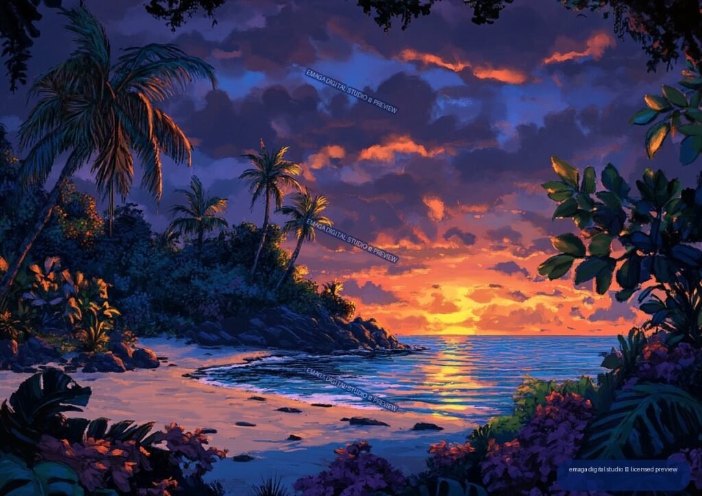 A colorful tropical beach cove at sunset, framed by palm trees and dense foliage, with golden light reflecting across the ocean.