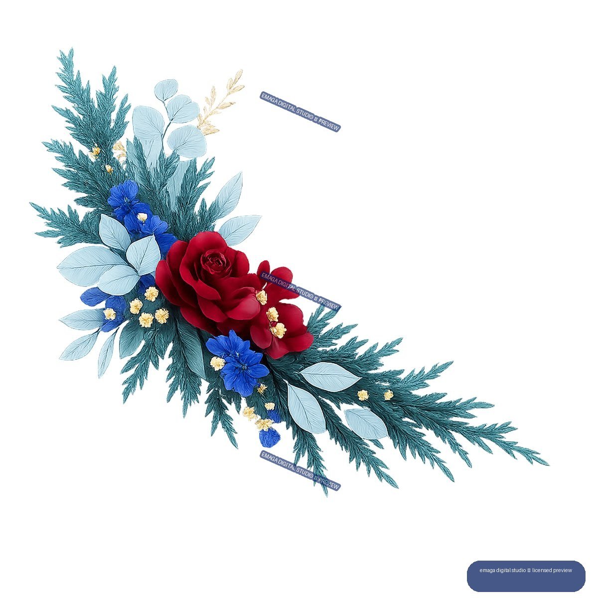 Diagonal botanical arrangement with teal evergreen foliage, pale blue leaves, blue flowers, cream filler blooms, and burgundy roses.