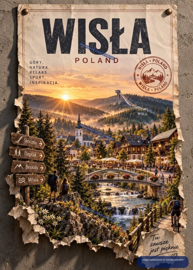 Vintage-style Wisła Poland travel poster showing a sunset mountain village, river, bridge, hikers, cyclist, ski jump, and Polish text.
