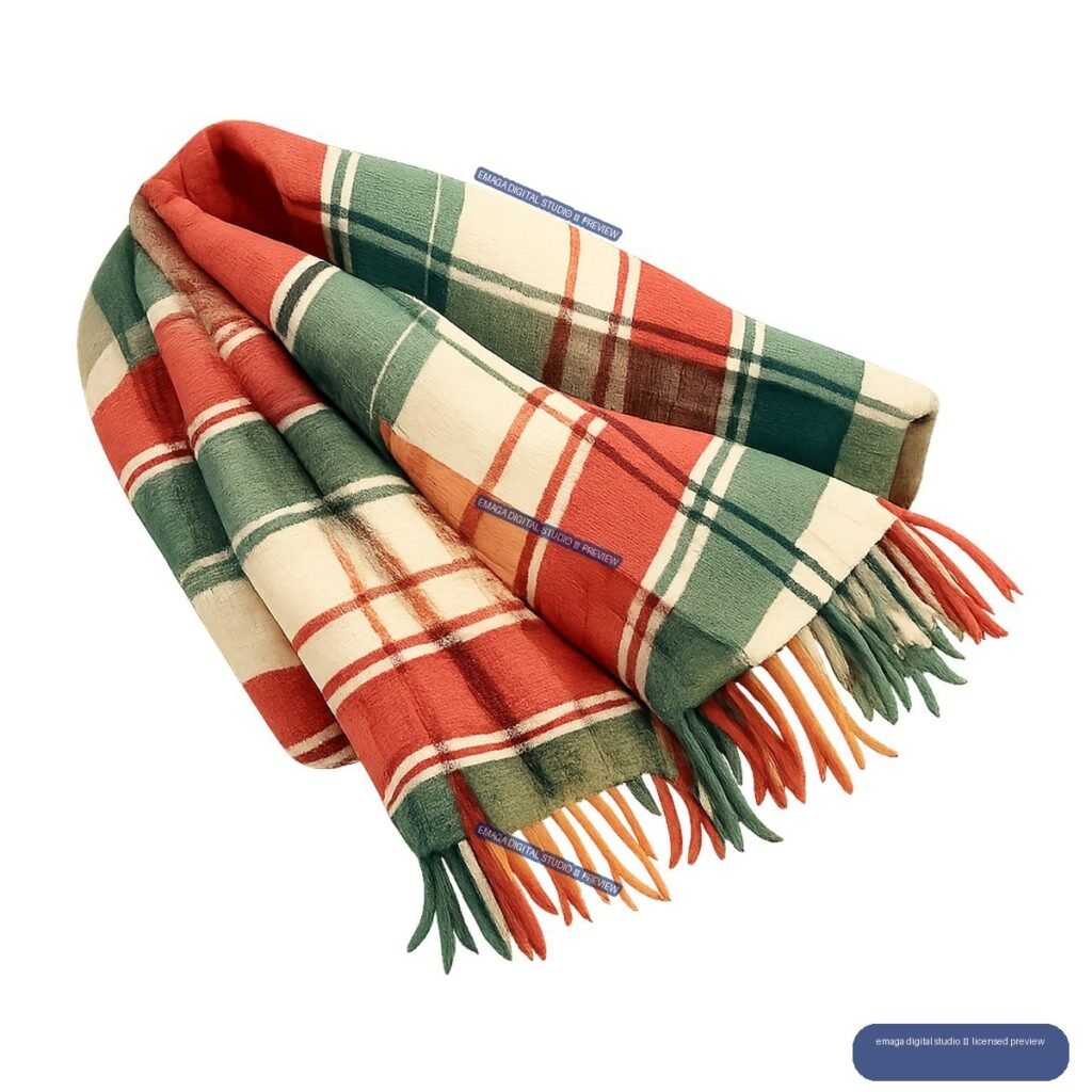 Rolled red, green, cream, and orange plaid blanket with long multicolored fringe.