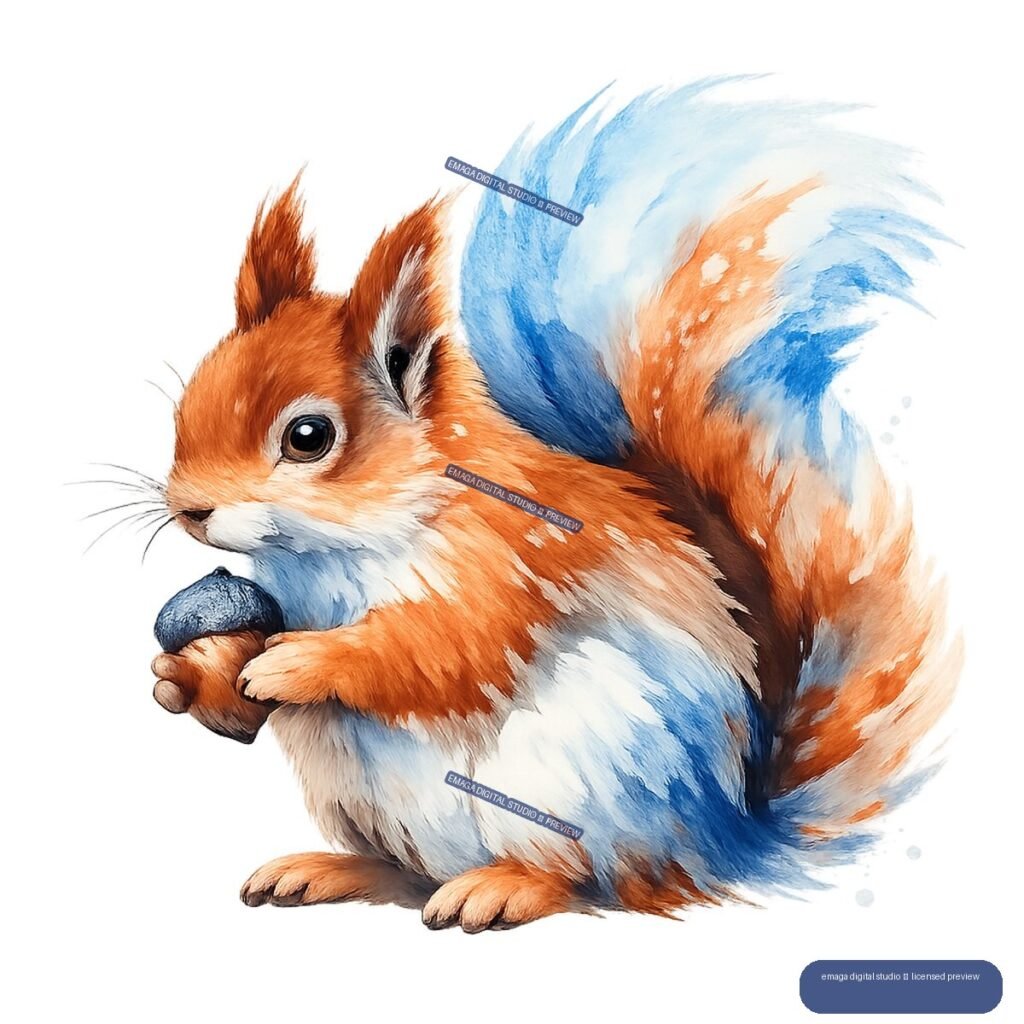 Watercolor-style red squirrel holding a dark acorn, with a large bushy tail painted in blue, white, and orange.