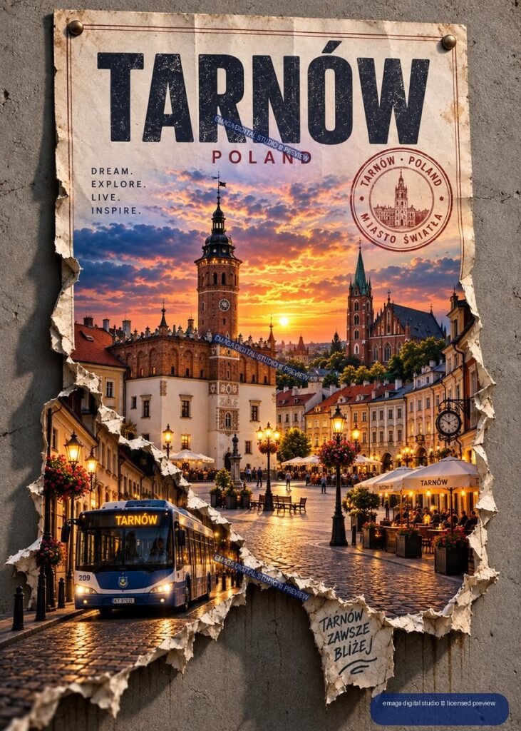 Travel poster for Tarnów, Poland, showing historic buildings, a clock tower, church spires, sunset, café-lined cobblestone streets, and a blue bus.