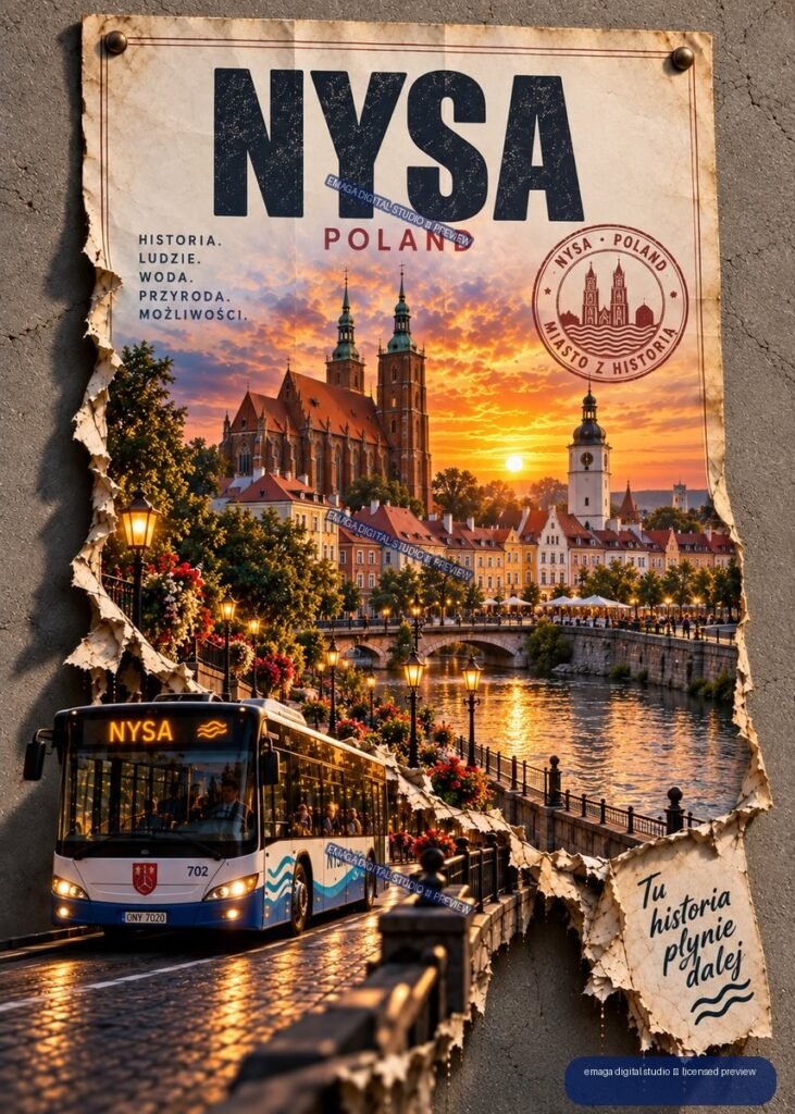 Vintage Nysa Poland travel poster showing historic buildings, a river bridge, sunset, street lamps, flowers, and a city bus.