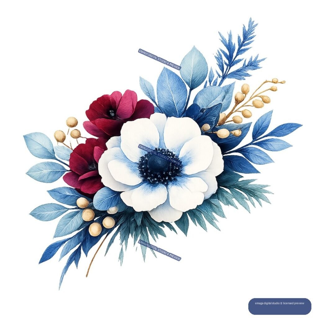 Watercolor-style floral arrangement with a large white flower, burgundy blossoms, blue foliage, and golden berries.