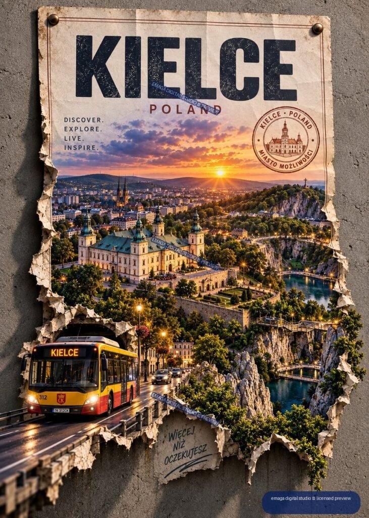Vertical Kielce Poland travel poster showing a sunset cityscape, historic building, rocky landscape, water, and a yellow-red city bus.