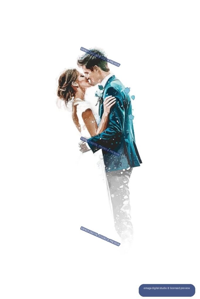 Watercolor illustration of a bride and groom kissing while embracing; she wears a light dress and he wears a teal-blue suit, with loose paint splashes fading around them.