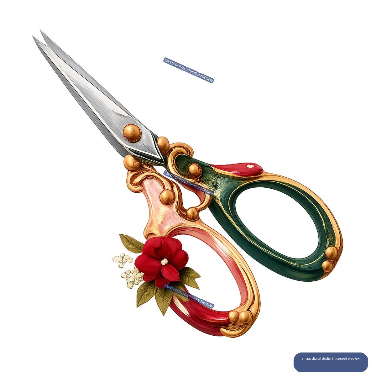 Ornate silver dressmaking scissors with green and red handles, gold details, and a red flower ornament.