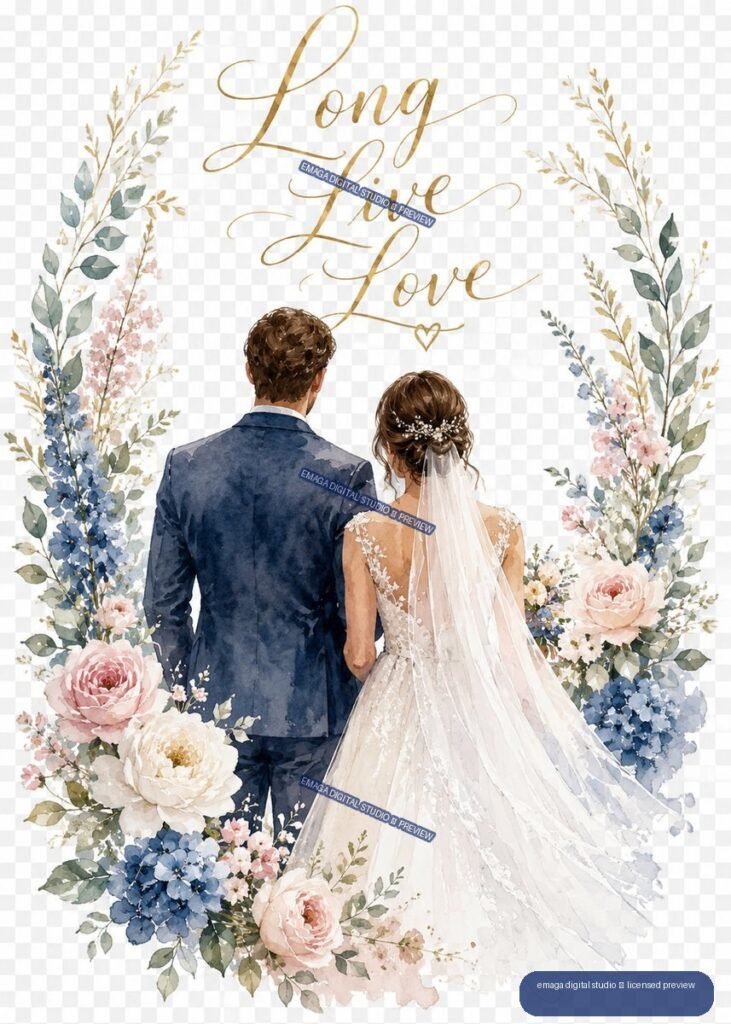 Watercolor wedding illustration of a bride and groom viewed from behind, framed by flowers, with gold “Long Live Love” lettering above.