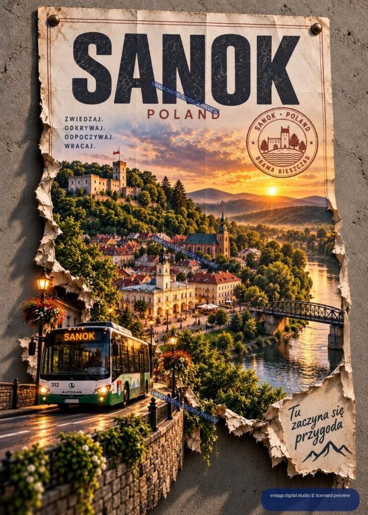 Vintage-style Sanok Poland travel poster showing a castle, town, river, bridge, bus, mountains, and sunset.