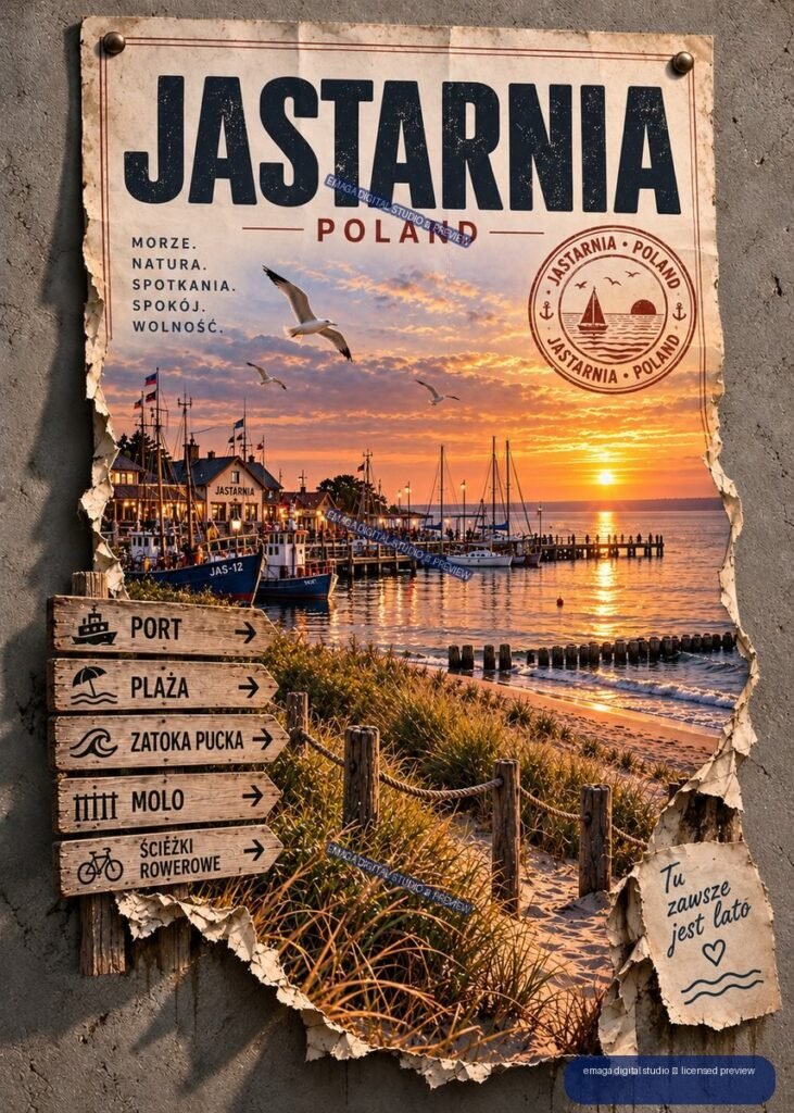 Vintage-style Jastarnia Poland travel poster showing a harbor at sunset, boats, seagulls, beach grasses, and wooden directional signs.
