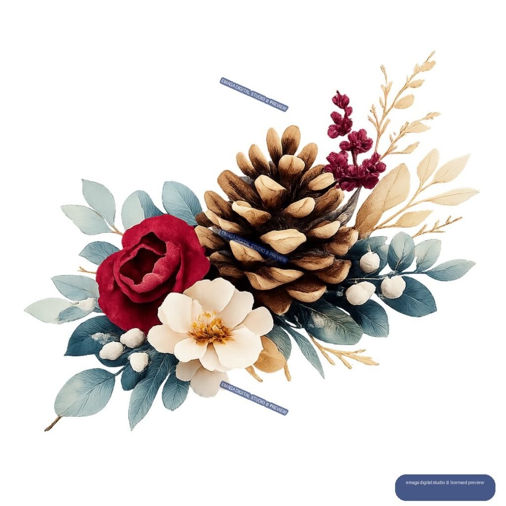 Watercolor-style winter botanical arrangement with a large pine cone, red and cream flowers, blue-green leaves, berries, and golden branches.