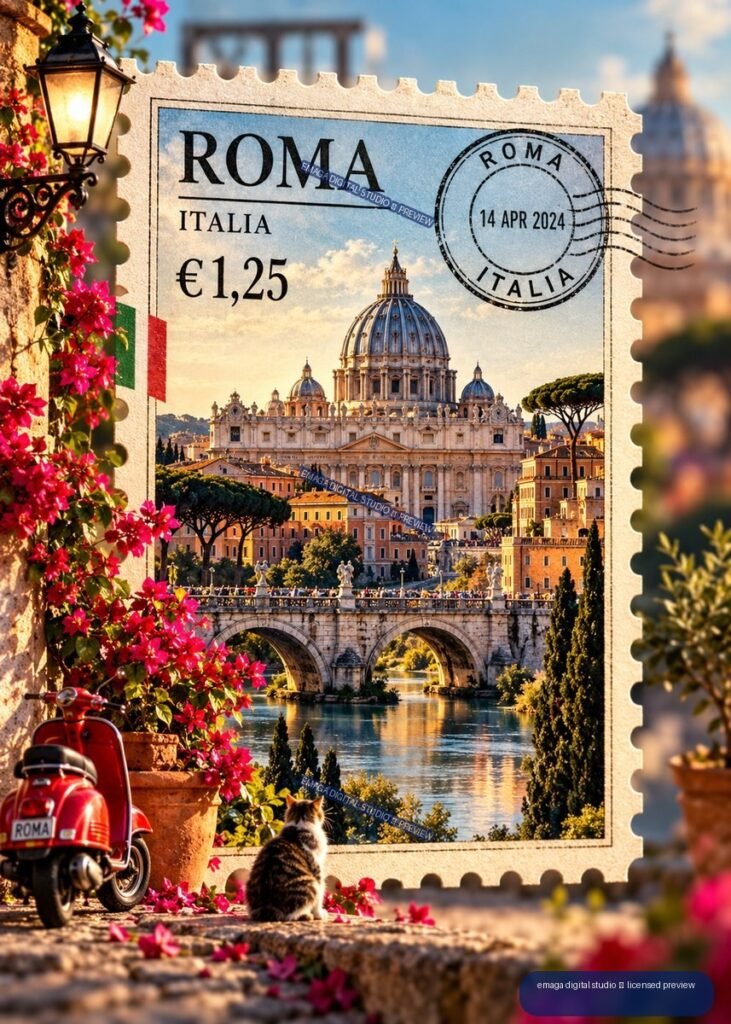 Decorative Roma Italy postage stamp showing St. Peter’s Basilica, a bridge, red scooter, flowers, and a seated cat.
