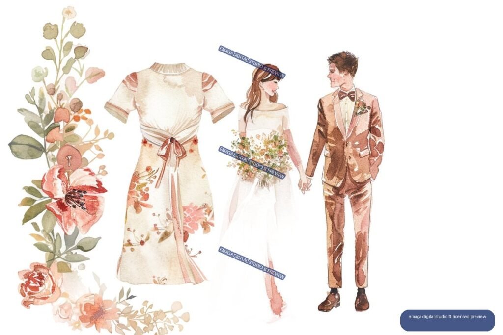 Watercolor illustration of a bride and groom holding hands beside a wedding dress and floral arrangement.