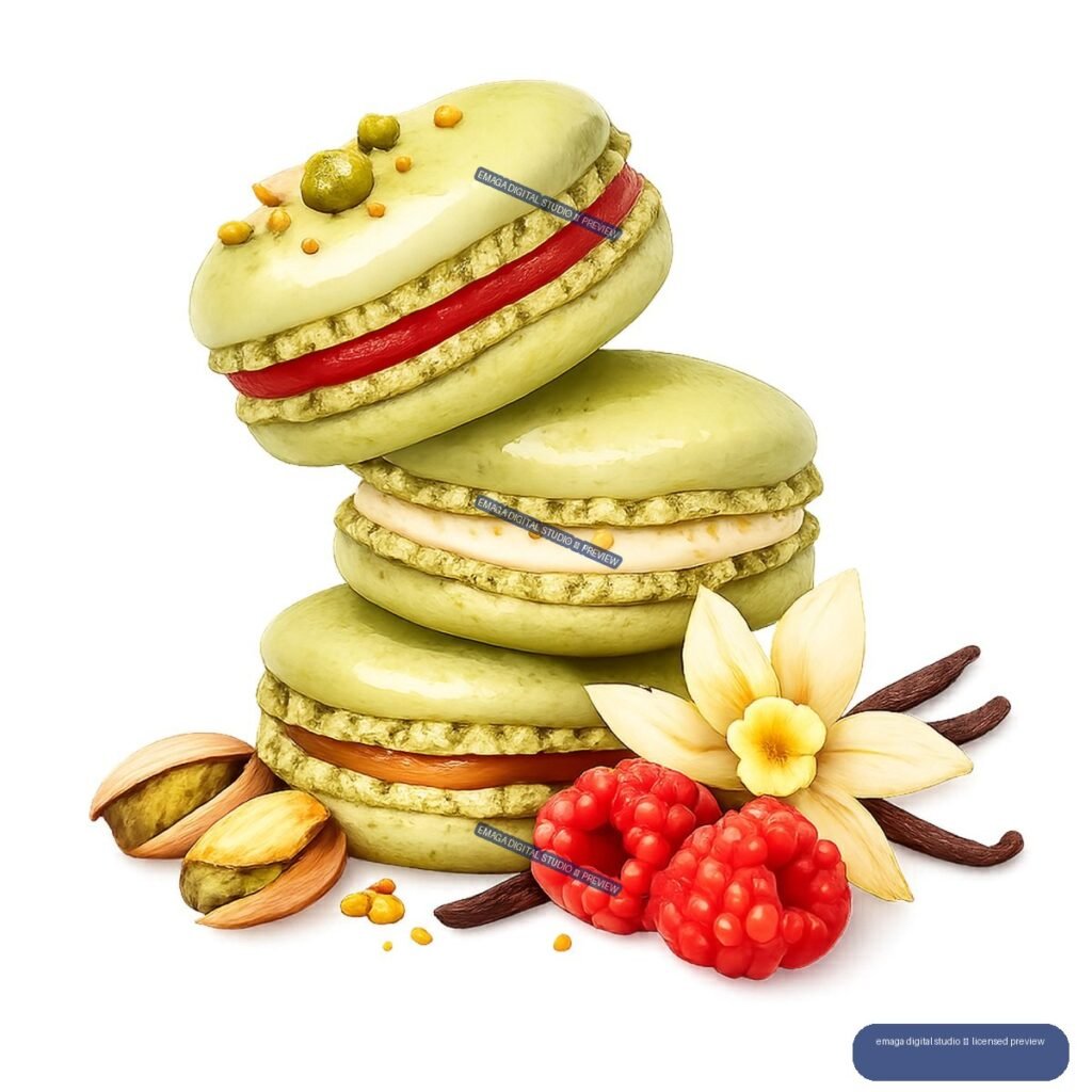 Stack of three pale green macarons with red, cream, and amber fillings, surrounded by pistachios, almonds, raspberries, vanilla pods, and a yellow flower.