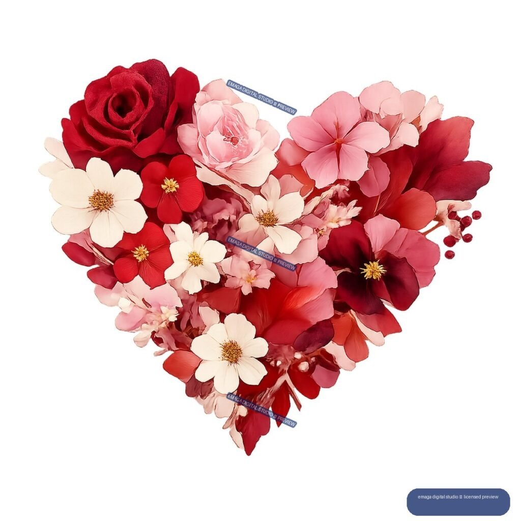 Heart-shaped bouquet of red, pink, blush, and cream flowers with roses, blossoms, and berries.