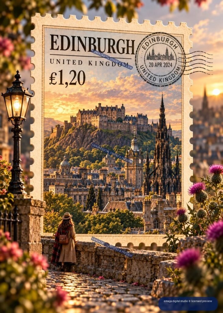 Decorative Edinburgh postage stamp illustration with castle, city skyline, sunset, street lamp, flowers, and a traveler on a cobblestone path.