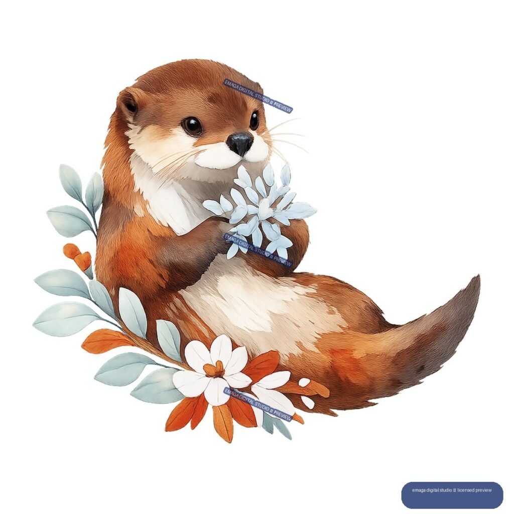 Brown otter holding pale blue flowers, surrounded by blue leaves and white and orange blossoms.