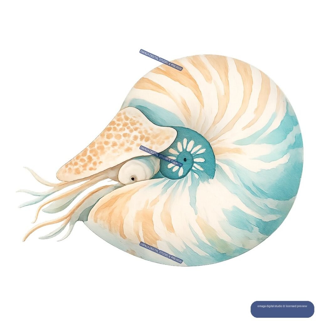 Watercolor illustration of a nautilus shell with turquoise and peach bands, a smaller spotted shell, and tentacles.