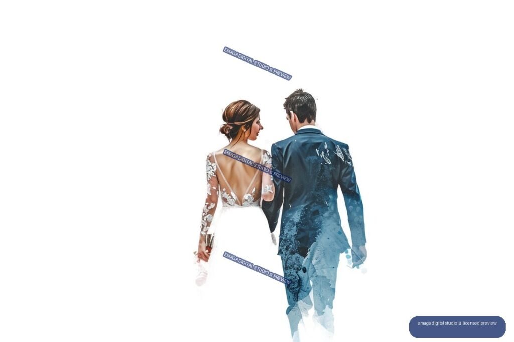 Watercolor illustration of a bride and groom walking away together, shown from behind in wedding attire.