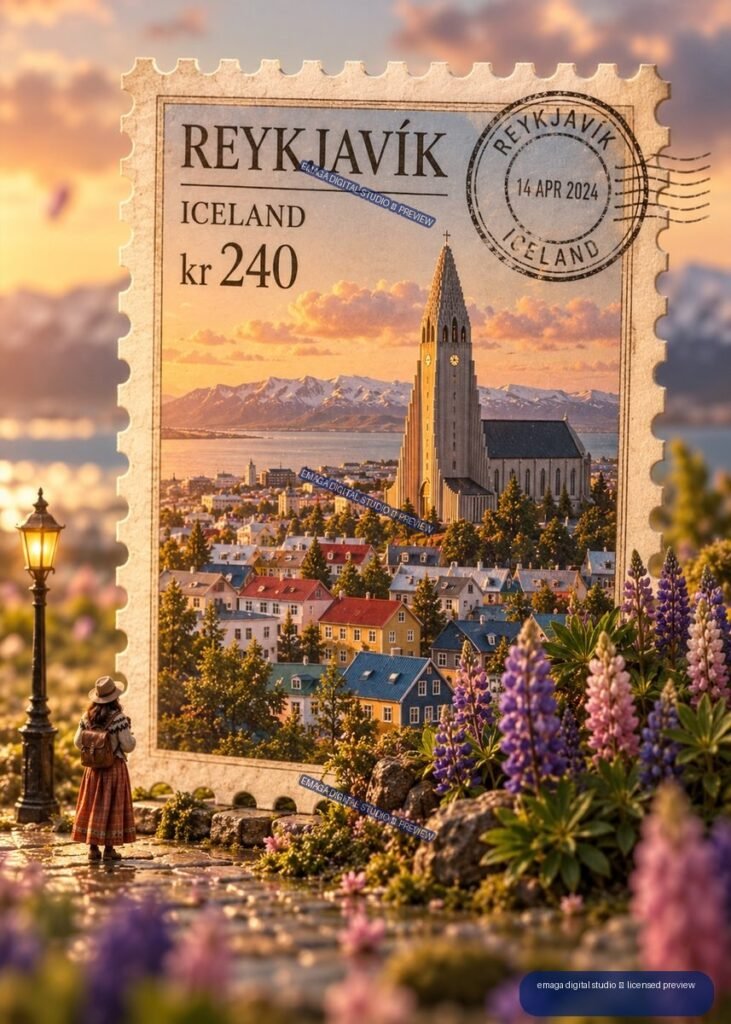 Decorative Reykjavík Iceland postage stamp showing Hallgrímskirkja, mountains, city rooftops, lupines, a streetlamp, and a small traveler figure.