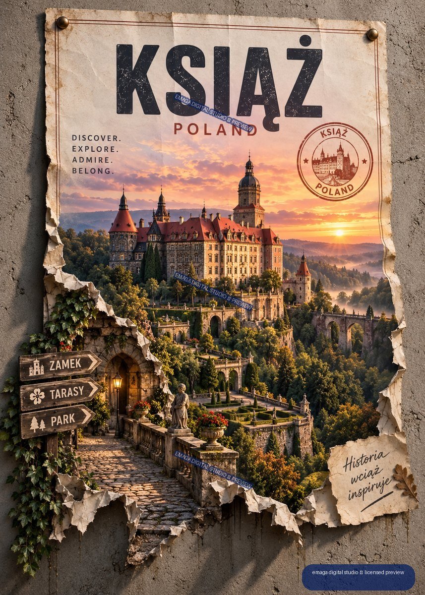 Vintage-style Polish travel poster featuring Książ Castle at sunset, with large KSIĄŻ POLAND lettering, garden terraces, directional signs, and torn paper edges.