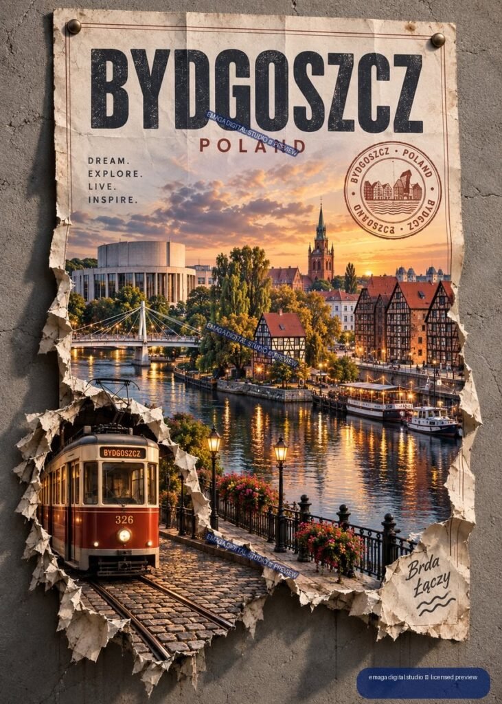 Vintage Bydgoszcz Poland travel poster showing a sunset riverfront, historic buildings, bridge, boats, church tower, and red tram.