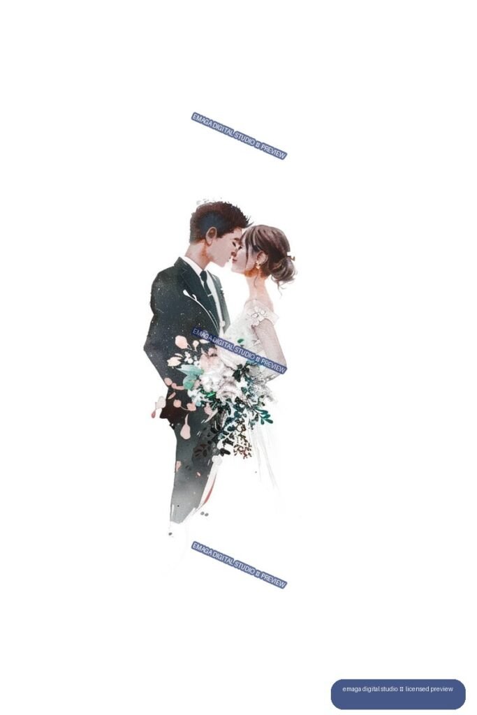 Watercolor illustration of a bride and groom kissing while holding a large pastel floral bouquet.