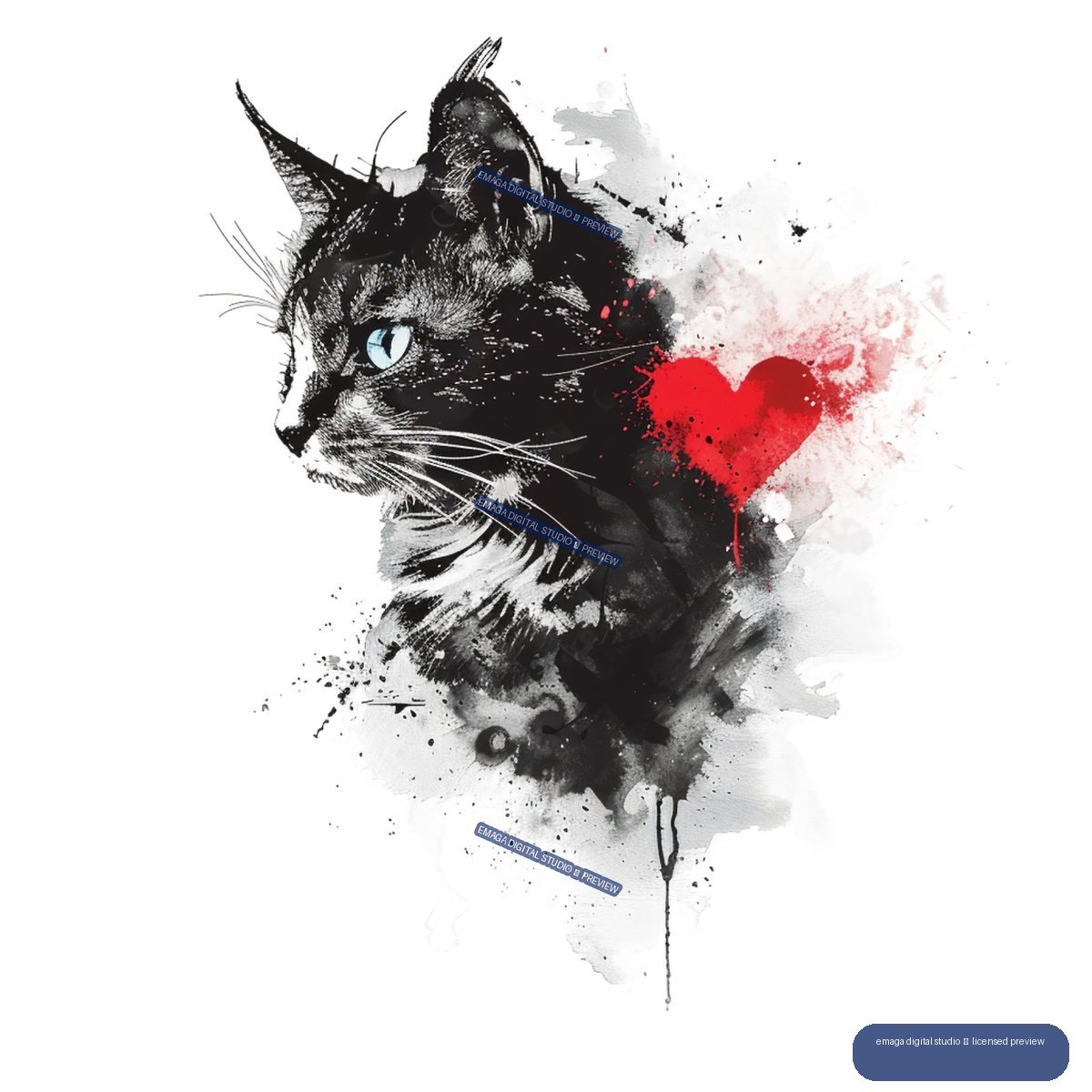 Black cat portrait in three-quarter view with a pale blue eye, gray ink washes, splatters, and a bright red heart.