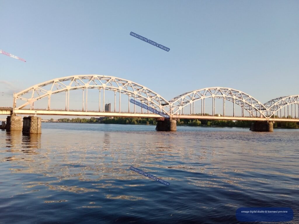 Steel truss bridge over the river in Riga, Latvia