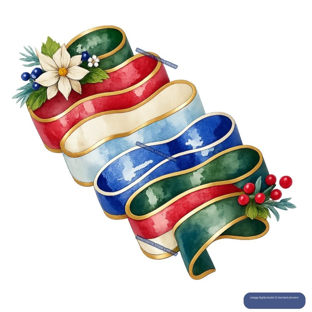 Watercolor Christmas ribbon ornament with multicolored gold-edged loops, a white poinsettia, evergreen sprigs, and red and blue berries.