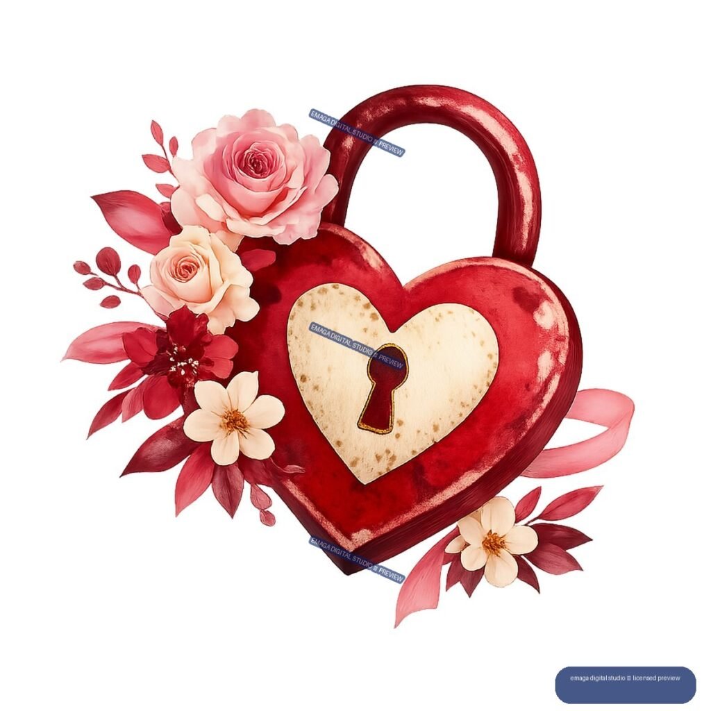Red heart-shaped lock with a cream heart keyhole plate, surrounded by pink roses, burgundy flowers, and leaves.