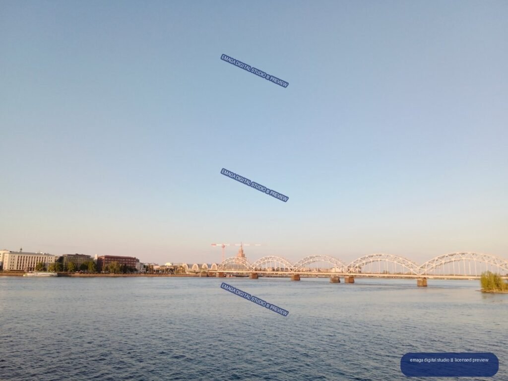 Riga, Latvia Riverside View with Arched Railway Bridge