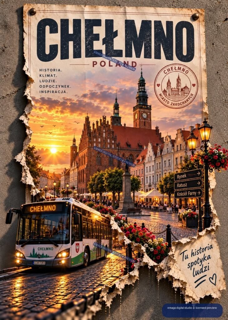 Vintage-style Chełmno Poland travel poster showing a sunset city square, historic architecture, flowers, streetlamps, and a bus.