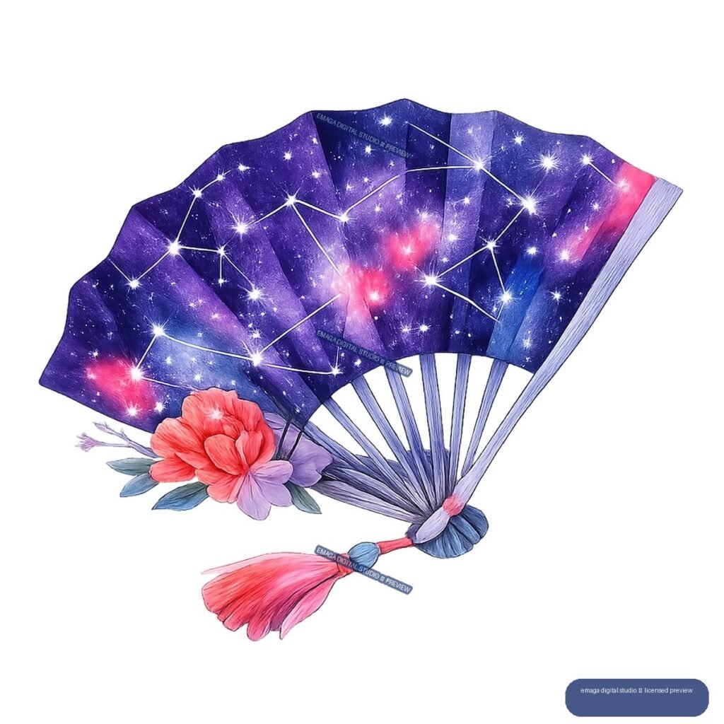 Open folding fan with a purple star-filled constellation design, flowers, and a pink tassel.
