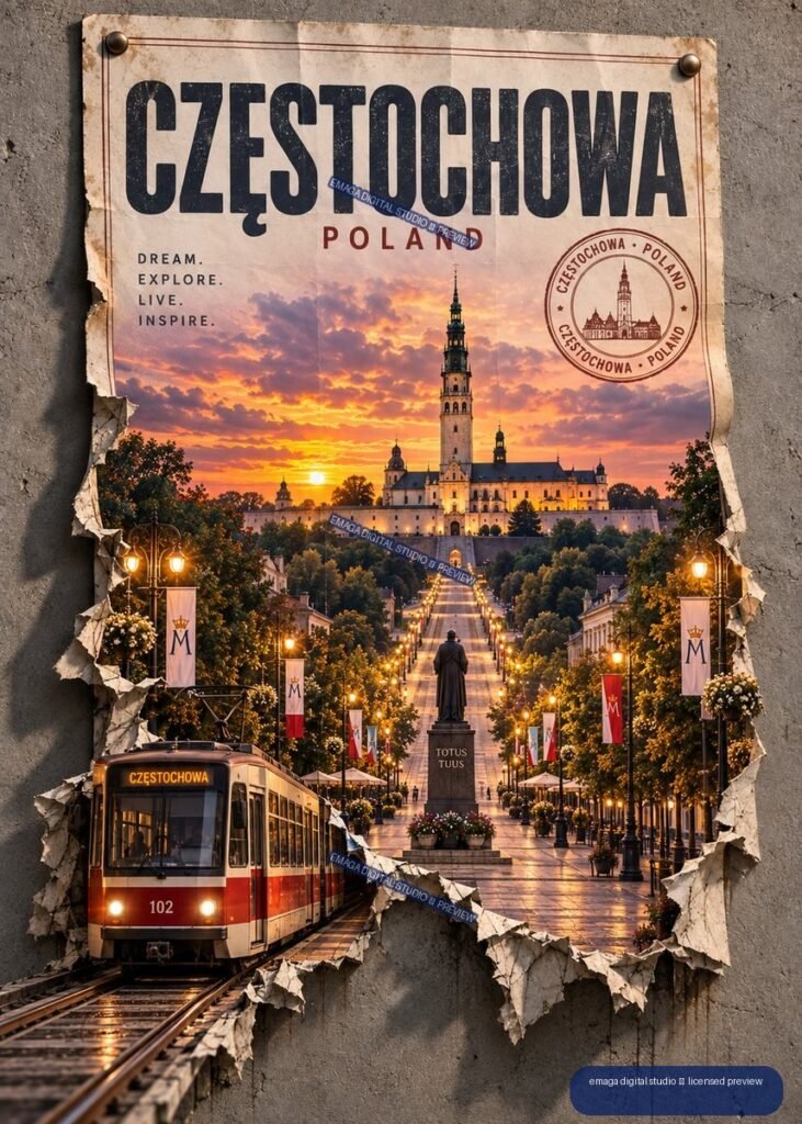 Travel poster depicting Częstochowa, Poland, with Jasna Góra monastery at sunset, a tree-lined avenue, statue, lamps, and a red-and-white tram.