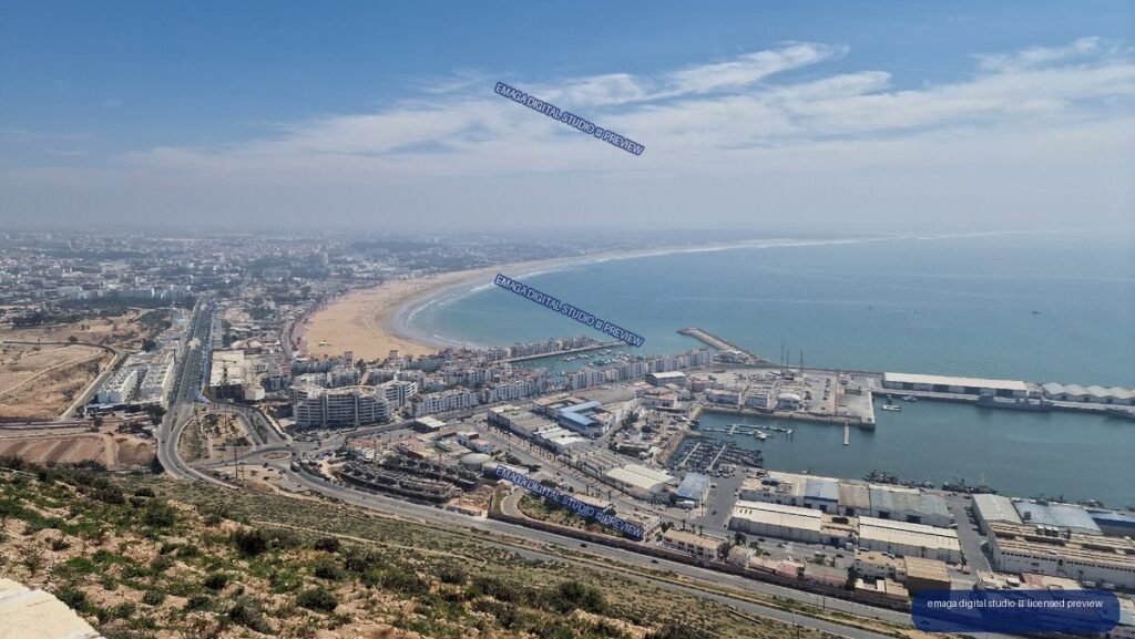 Aerial Coastal View of Agadir, Morocco, Beach and Marina
