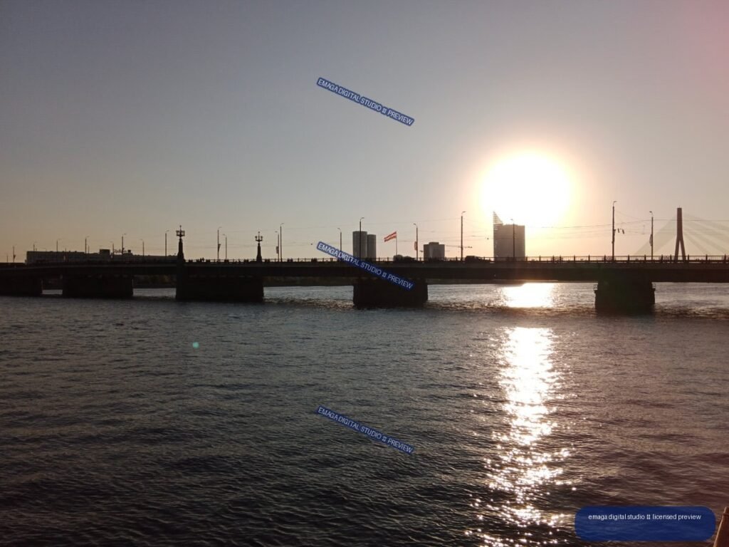 Sunset over the Daugava River and Bridge in Riga, Latvia