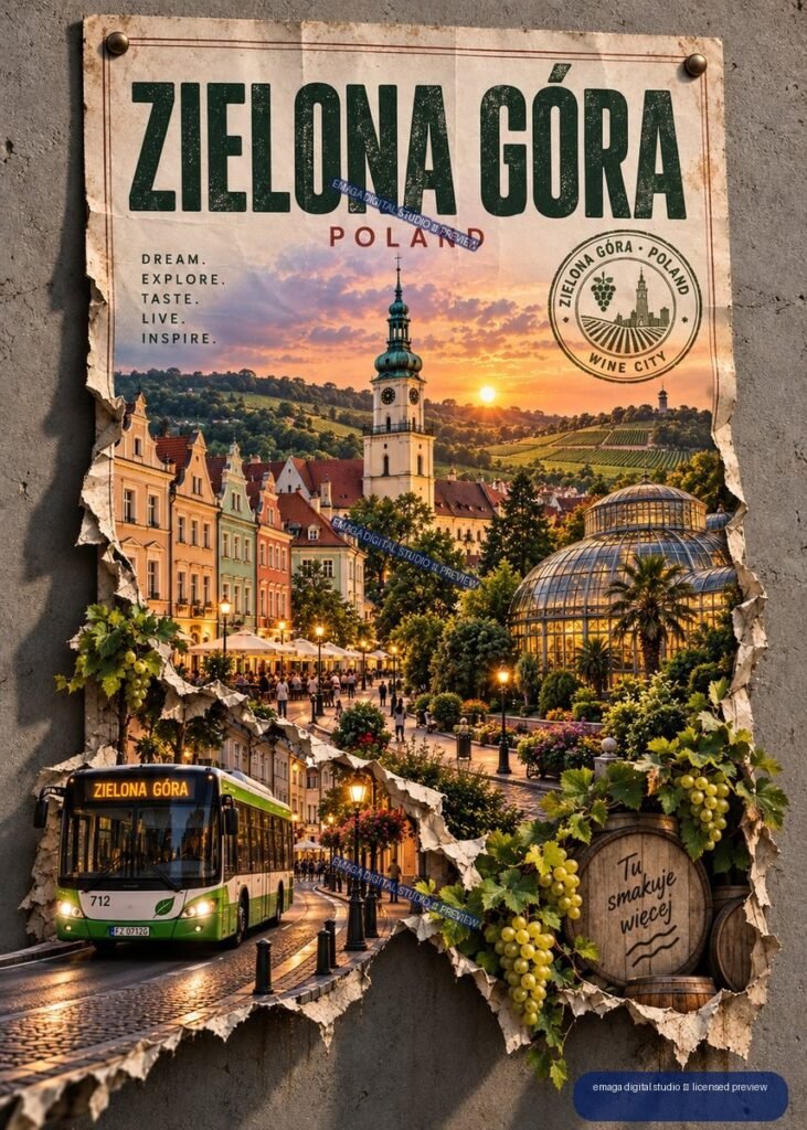 Vintage-style Zielona Góra Poland travel poster with a church tower, vineyards, city bus, glass dome, and grapevines at sunset.