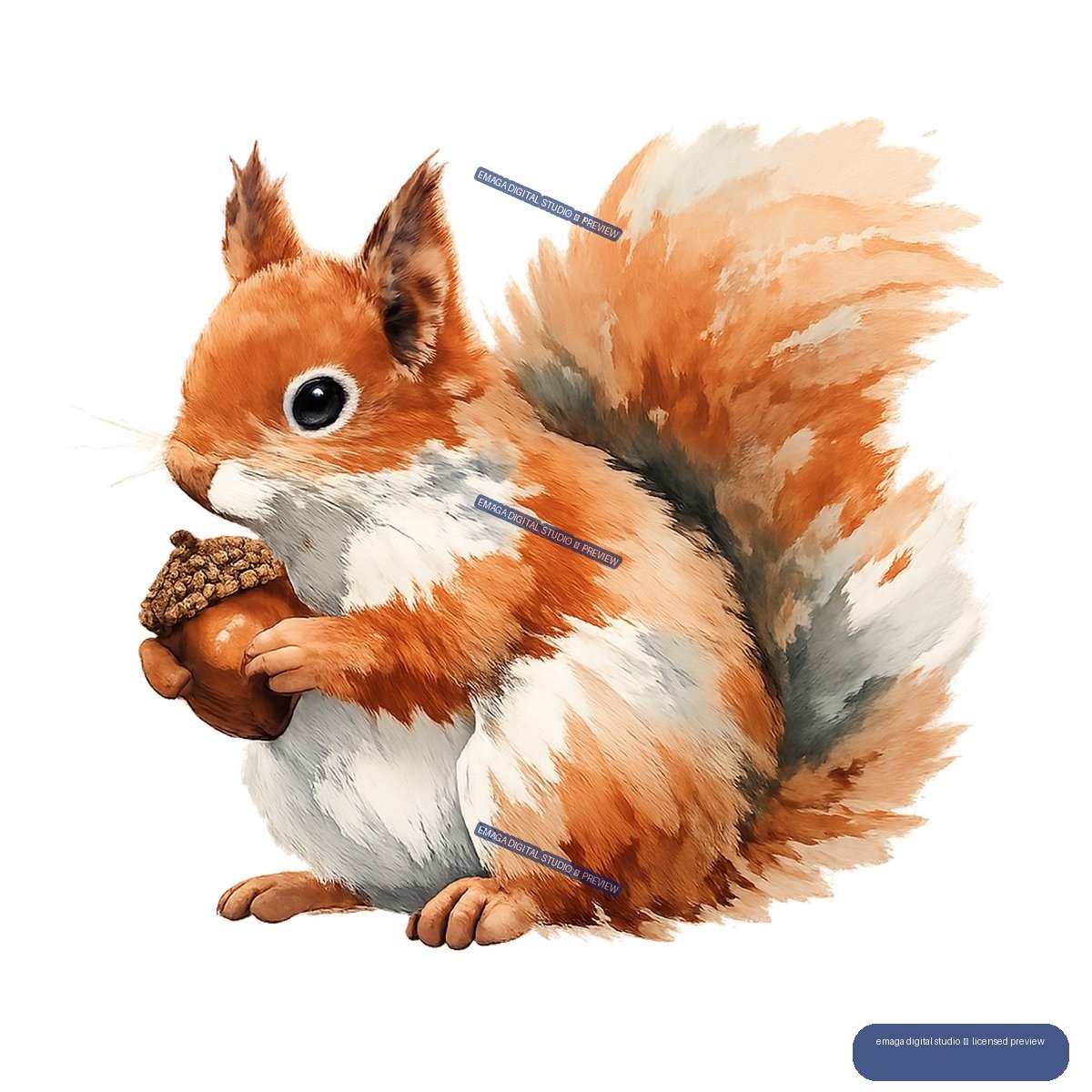 Painterly red squirrel holding a large acorn, shown in profile with a bushy multicolored tail.