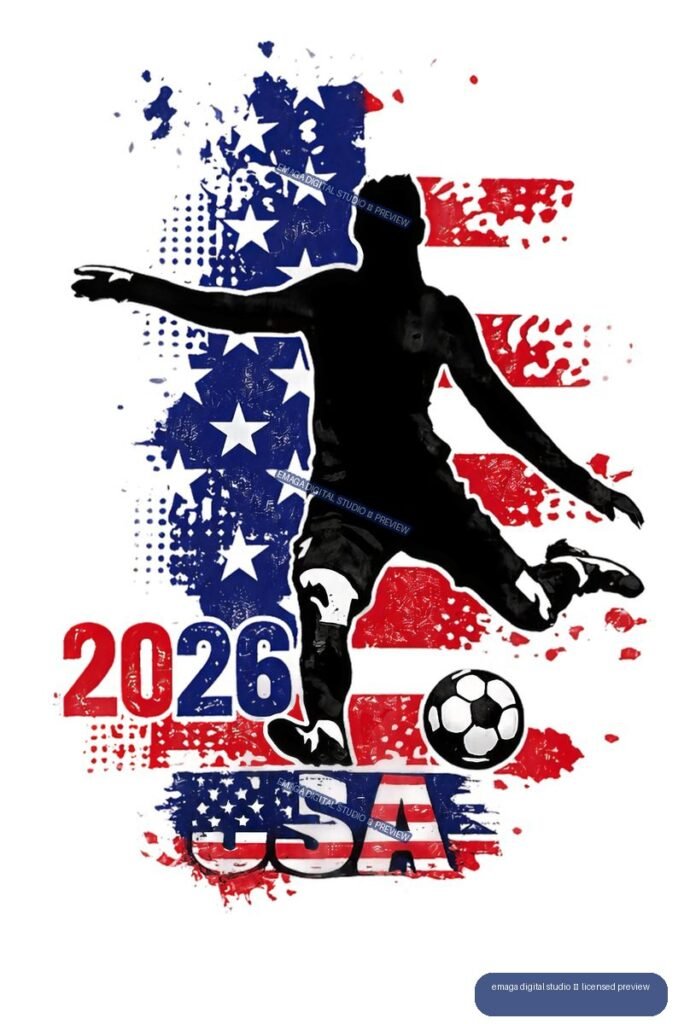 Black soccer player silhouette with a ball over distressed red, white, and blue USA graphics, stars, and 2026 text.