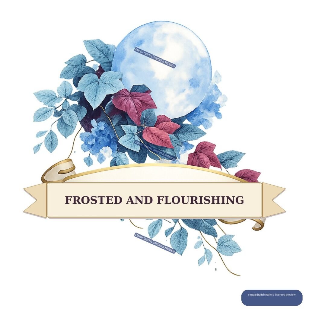 Blue and magenta botanical arrangement with a pale blue circular form and a gold-edged banner reading “FROSTED AND FLOURISHING.”