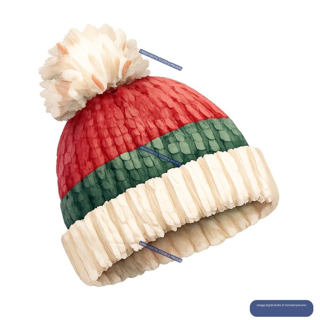 Watercolor-style illustration of a red and green knitted winter hat with a cream ribbed brim and large cream pom-pom.
