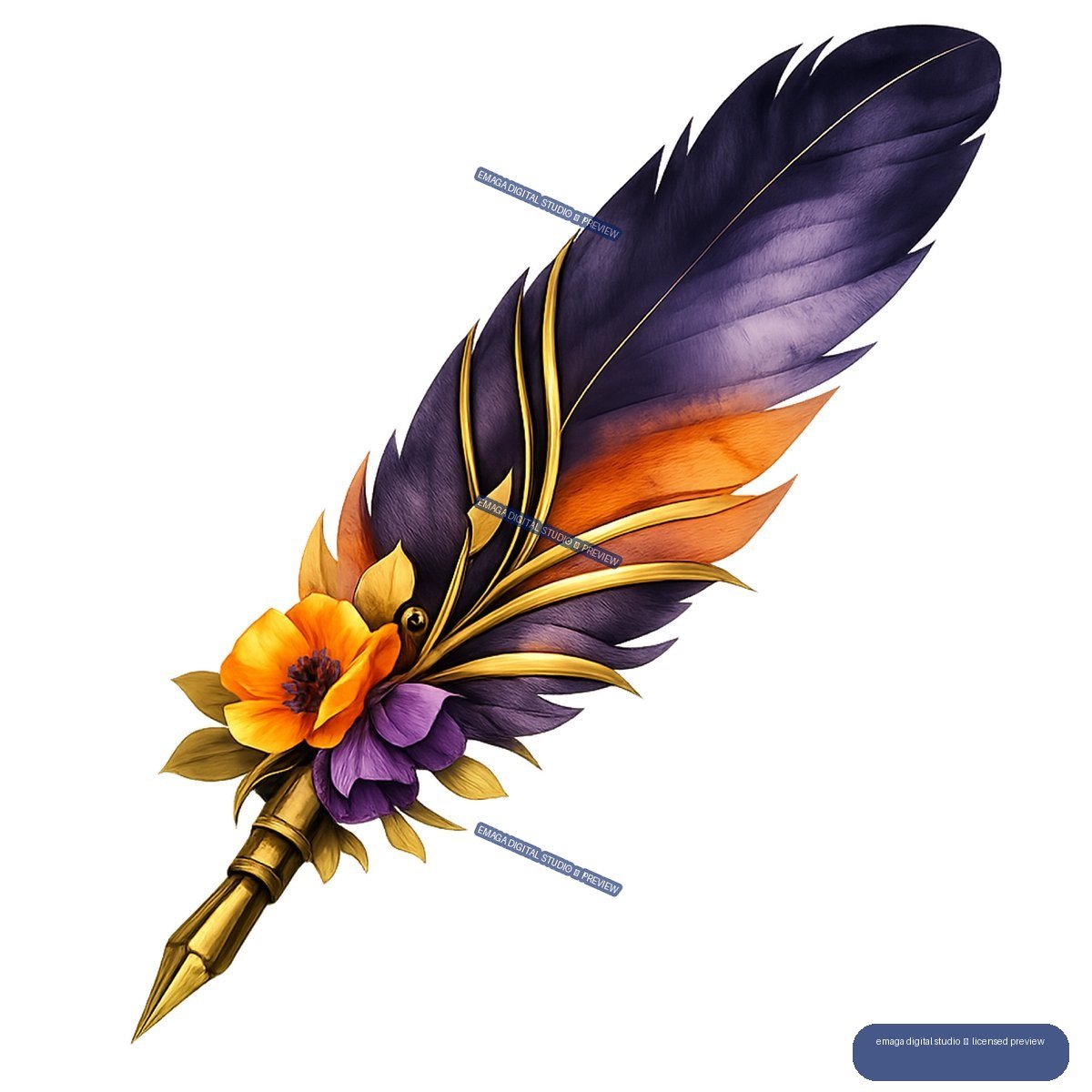 Diagonal ornate wand with purple and orange flowers, gold handle, and a large dark purple feather.