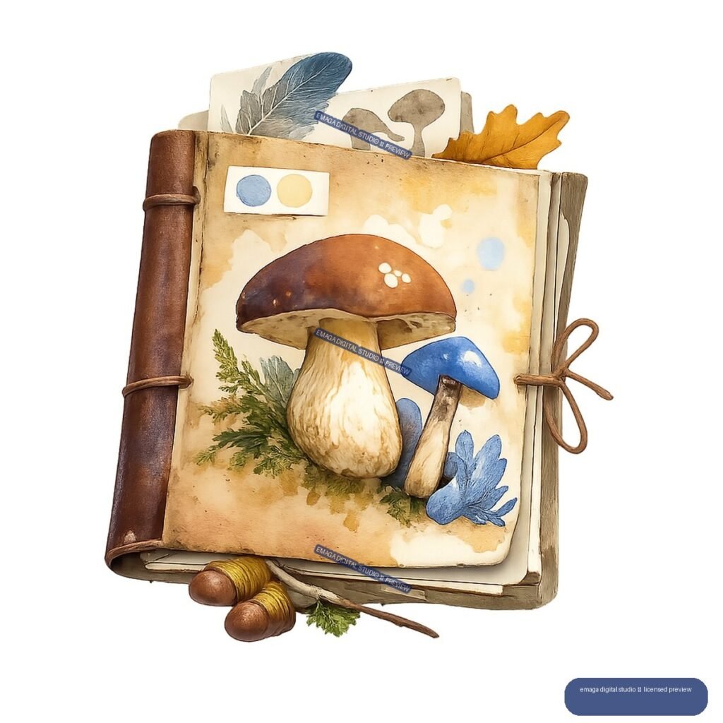 Open leather-bound botanical journal showing illustrated mushrooms, greenery, leaves, and acorns.