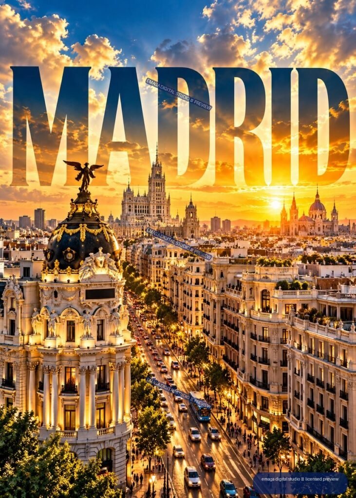 Sunset view over Madrid with Cibeles Palace, Gran Vía traffic, historic buildings, and large MADRID lettering in the sky.
