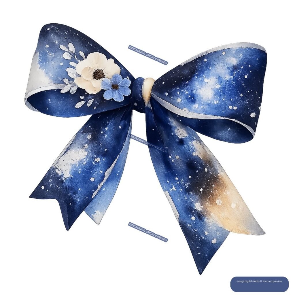 Large dark-blue decorative bow with starry speckles, pale edging, and cream and blue flowers on one loop.
