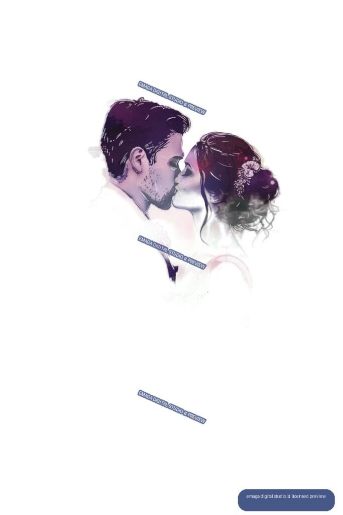 Watercolor-style bride and groom kissing, with the bride wearing floral hair ornaments and the groom in a formal suit.